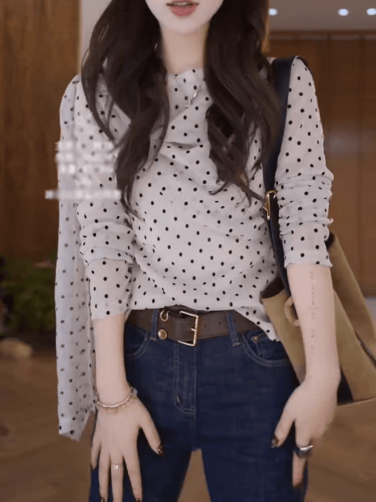 프랑스식 품격 비스듬한 칼라 도트 무늬 리본 긴팔 여성 셔츠 가을 새로운 고유 한 디자인 센스 슬림해 보이는 작은 셔츠 맨위 상세 이미지 4