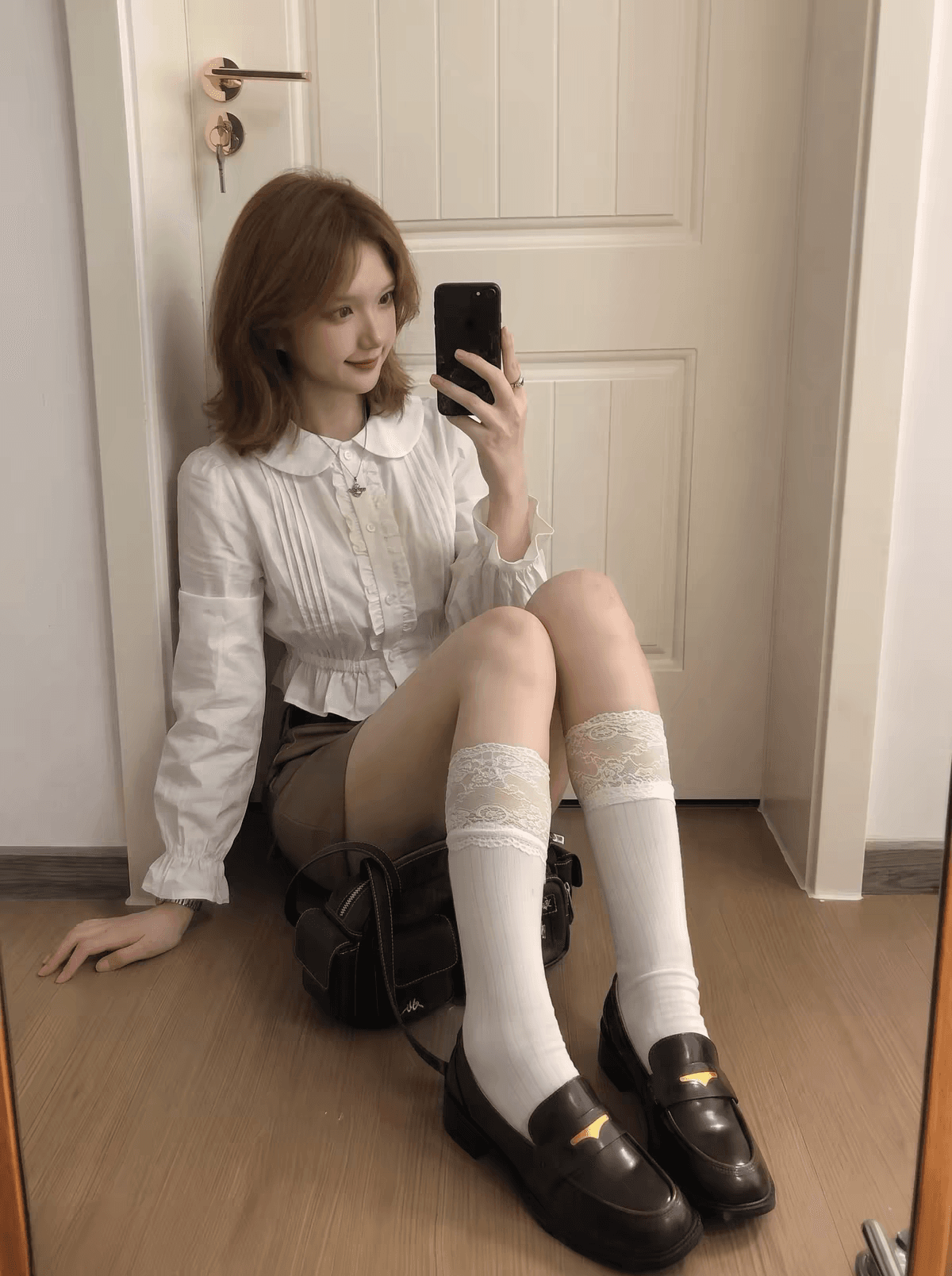 popwest 오리지널 톰 글 래 원인 블루 출퇴근 단색 여성 셔츠 몸매 가꾸기 베이비 칼라 중간 소매 셔츠 맨위 가을 상세 이미지 1