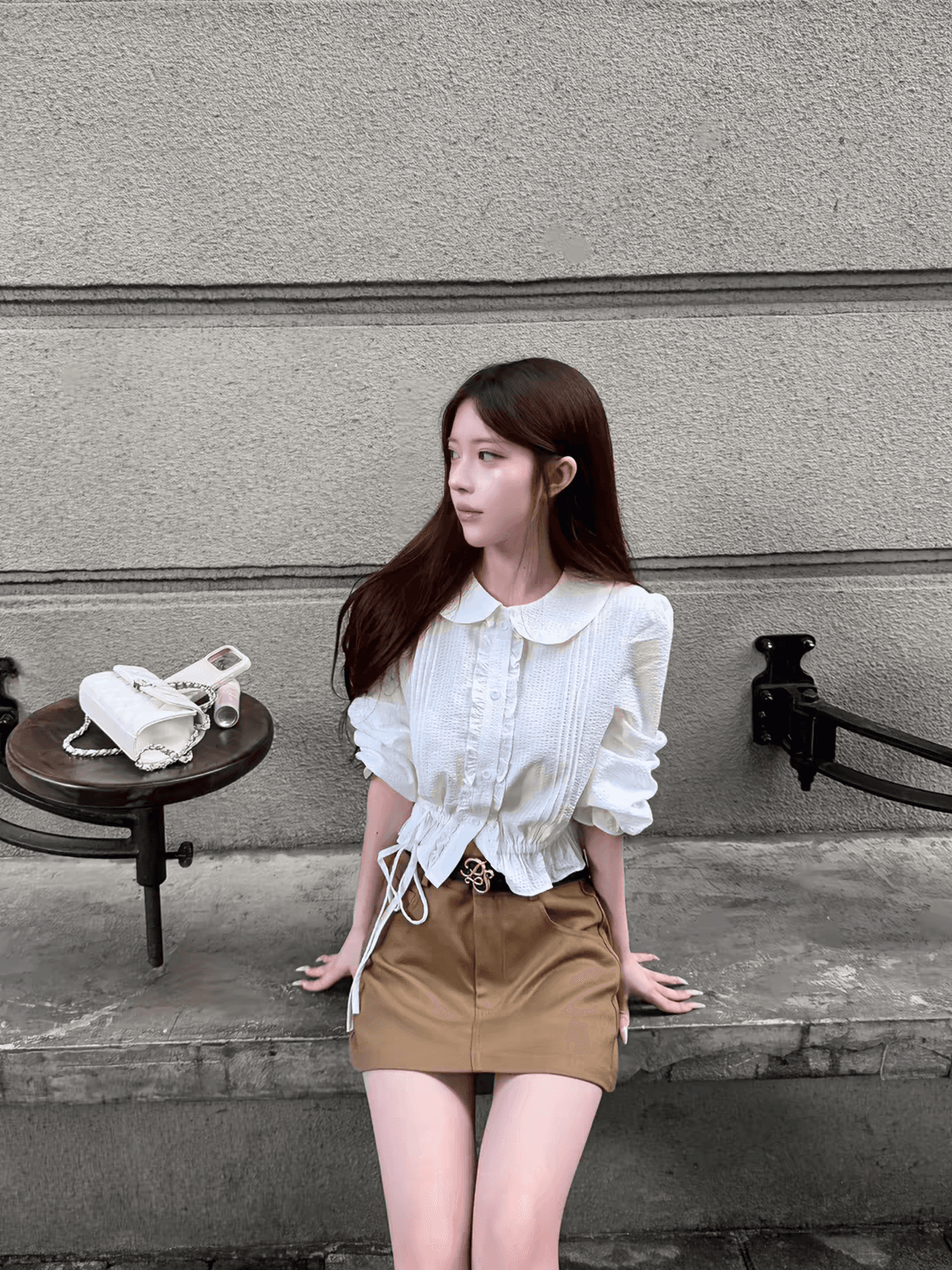 popwest 오리지널 톰 글 래 원인 블루 출퇴근 단색 여성 셔츠 몸매 가꾸기 베이비 칼라 중간 소매 셔츠 맨위 가을 상세 이미지 4