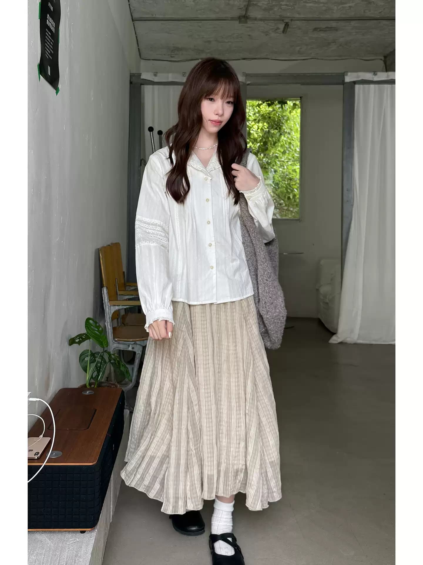 우유 토끼 행성 직접 만든 레이스 칼라 자카드 작은 프랑스식 화이트 여성 셔츠 가을 질감 센스 순면 긴팔 맨위 이미지 3