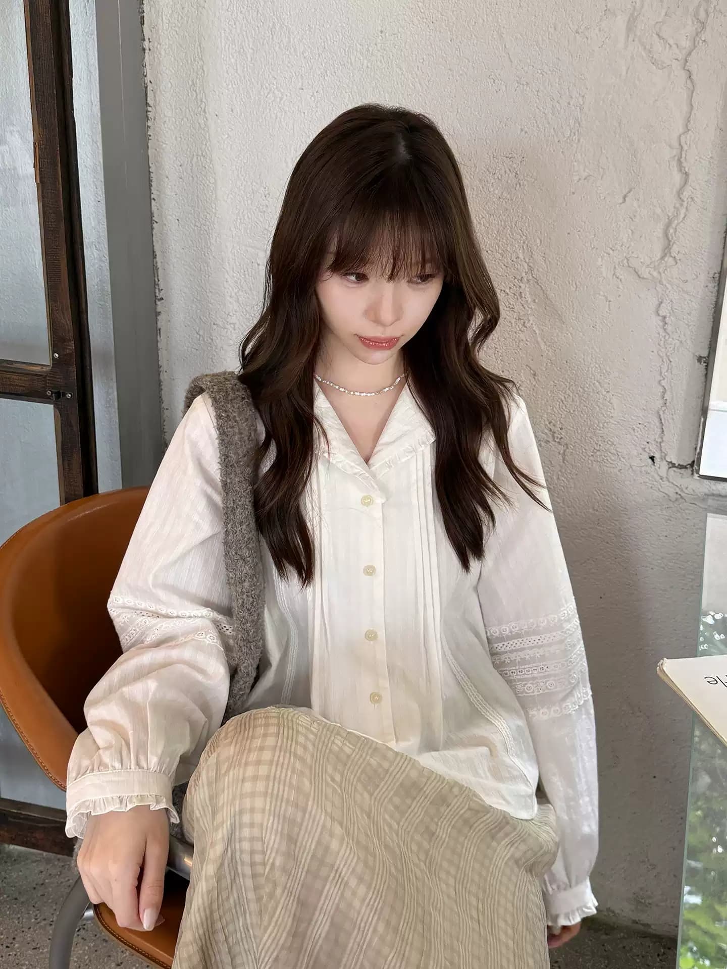 우유 토끼 행성 직접 만든 레이스 칼라 자카드 작은 프랑스식 화이트 여성 셔츠 가을 질감 센스 순면 긴팔 맨위 이미지 4