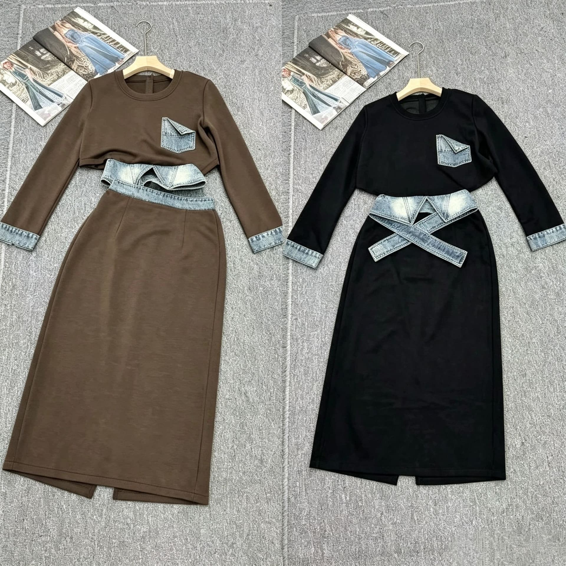 레트로 항구 바람 빛 럭셔리 새로운 품격 세트 26 가을 맨위 치마 데님 패치워크 슬림해 보이는 켜기 새로운 투피스 세트 상세 이미지 3