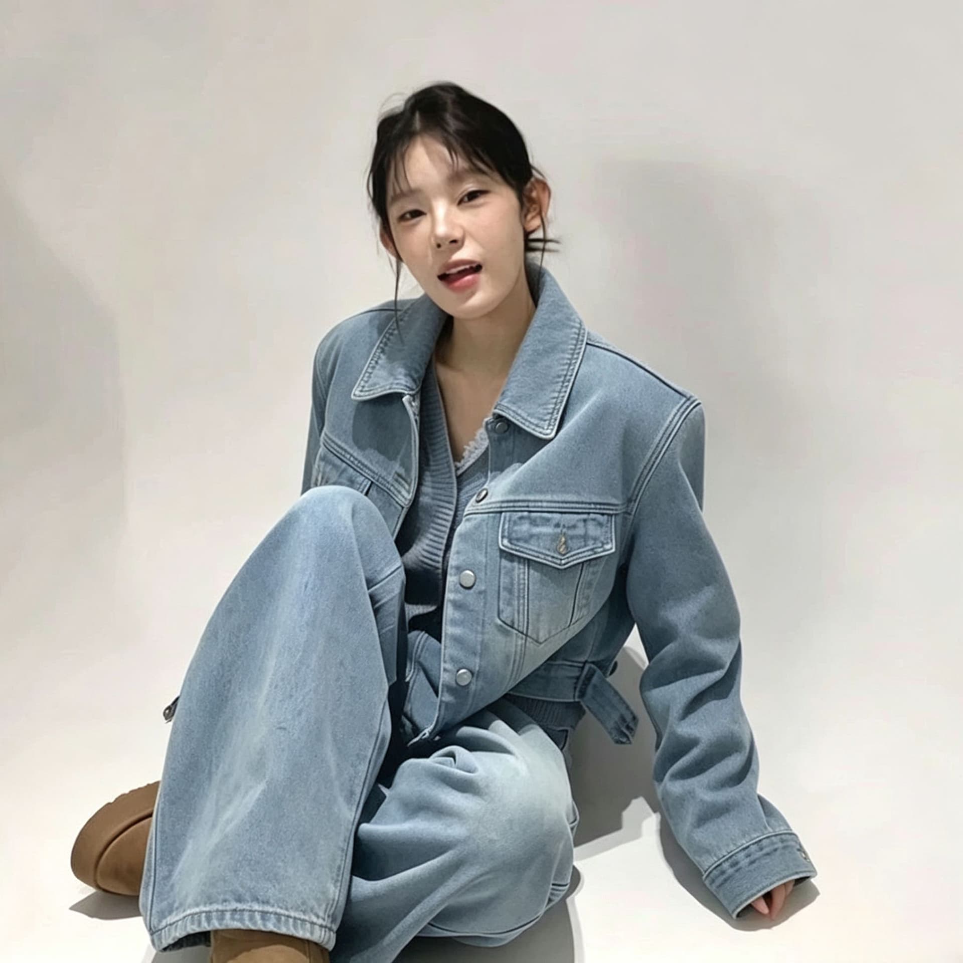 2026 새로운 한국 겨울 외국 가스 하늘색 데님 세트 여성 재킷 넓은 다리 청바지 투피스 세트 이미지 3