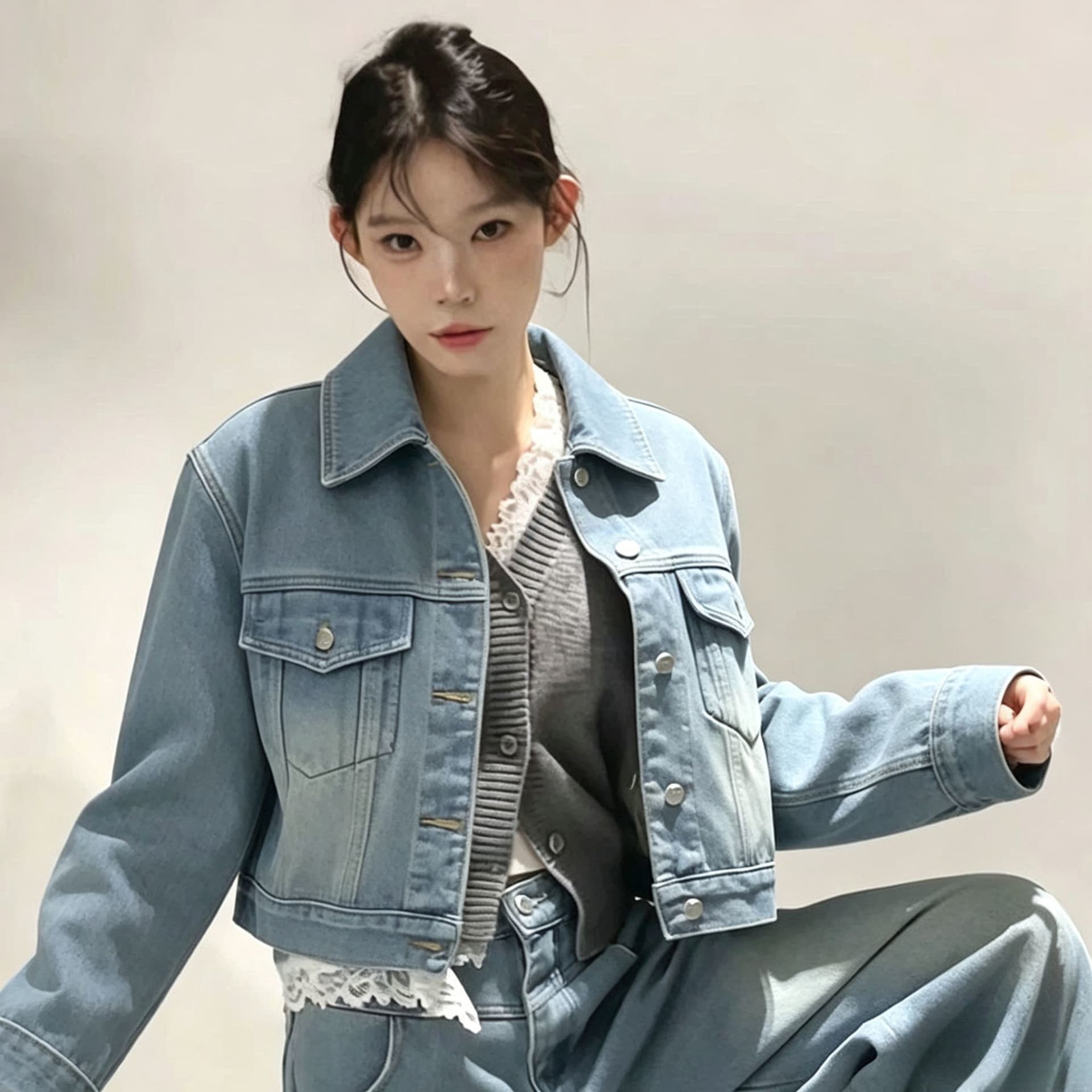 2026 새로운 한국 겨울 외국 가스 하늘색 데님 세트 여성 재킷 넓은 다리 청바지 투피스 세트 상세 이미지 3