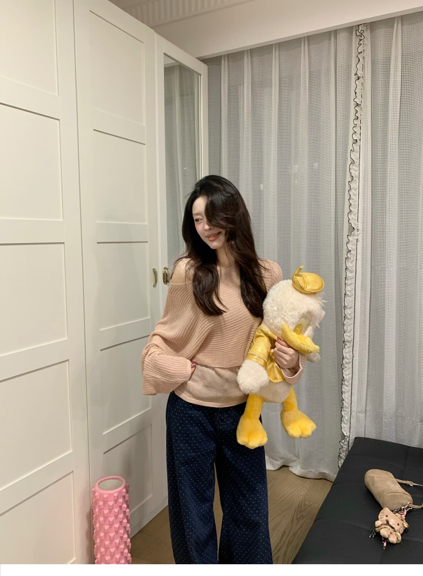 한 부서 핑크색 홀로우 아웃 긴팔 니트 스웨터 여성 조기 가을 스웨터 캐주얼 느긋한 바람 루즈핏 품격 오프숄더 맨위 상세 이미지 1