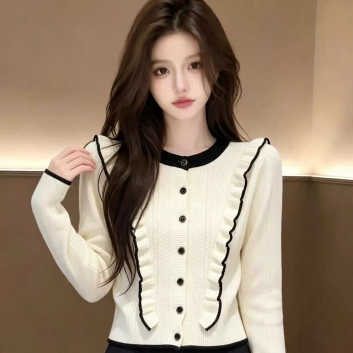 가을 착용 가져 가라. 배색 프릴 니트 스웨터 긴팔 여자 2026 새로운 한 부서 외부 가져 가라. 오픈 가디건 니트 맨위 이미지 5