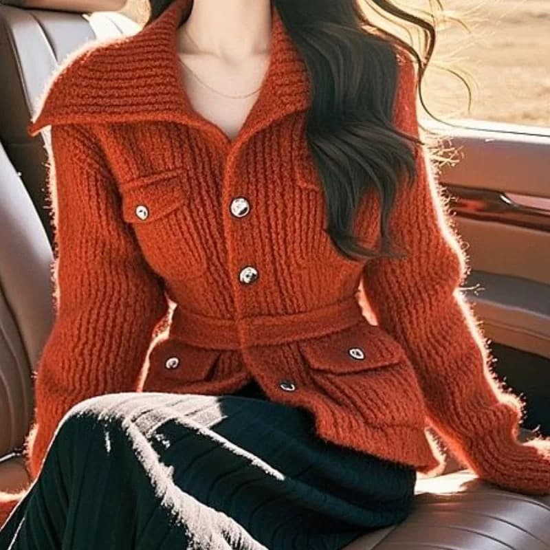 2026 새로운 가을 겨울철 작은 샤넬 스타일 빨간색 허리 수축 여성 코트 고유 한 슈퍼 잘 생긴 빅 칼라 쇼트 스타일 스웨터 이미지 4