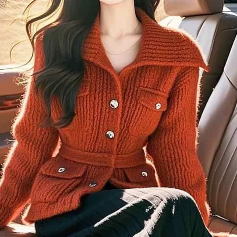 2026 새로운 가을 겨울철 작은 샤넬 스타일 빨간색 허리 수축 여성 코트 고유 한 슈퍼 잘 생긴 빅 칼라 쇼트 스타일 스웨터 이미지 3