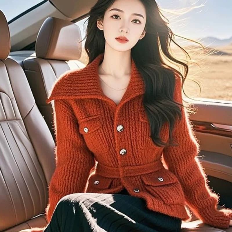 2026 새로운 가을 겨울철 작은 샤넬 스타일 빨간색 허리 수축 여성 코트 고유 한 슈퍼 잘 생긴 빅 칼라 쇼트 스타일 스웨터 상세 이미지 1