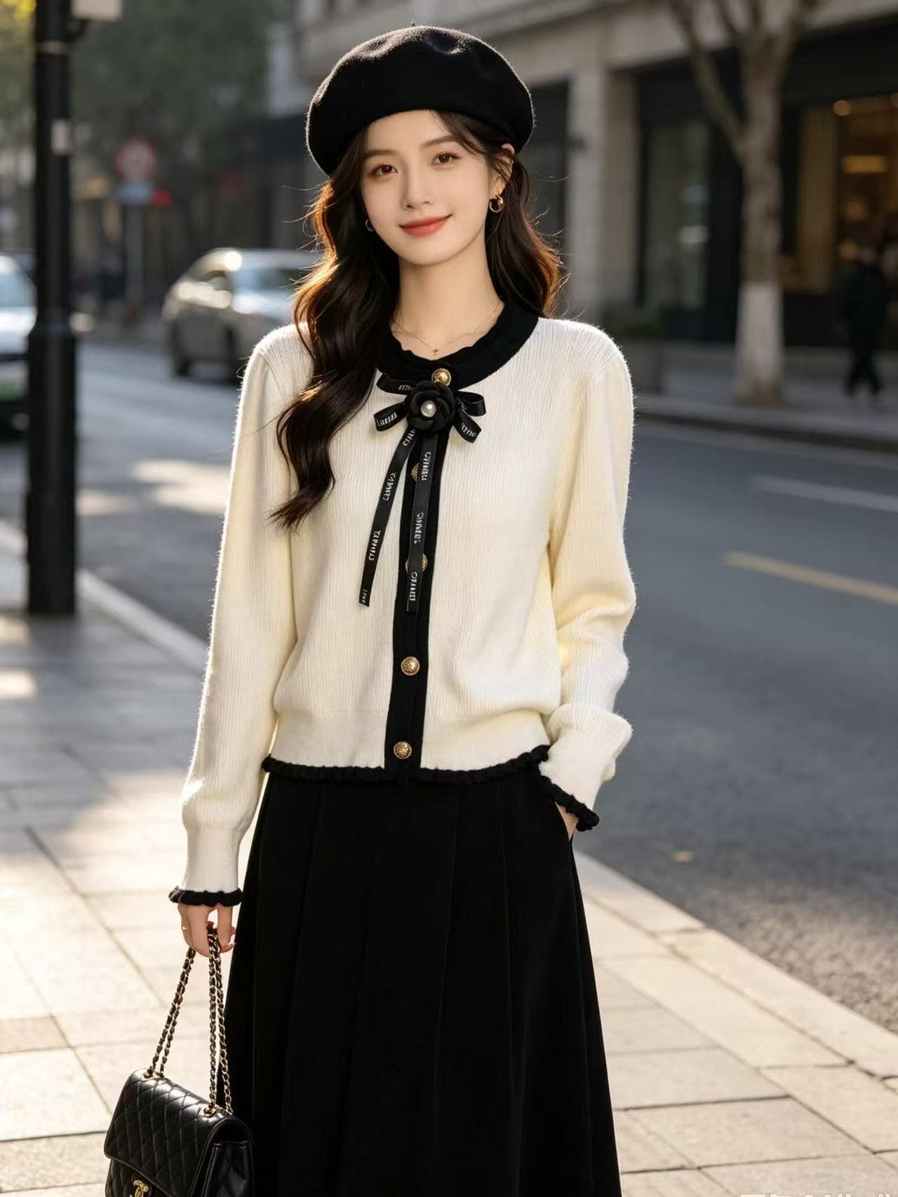 2026 년 가을 새로운 베이지 색 라운드 넥 긴팔 몸매 가꾸기 나비 매듭 작은 샤넬 스타일 여성 절묘한 니트 오픈 가디건 이미지 3