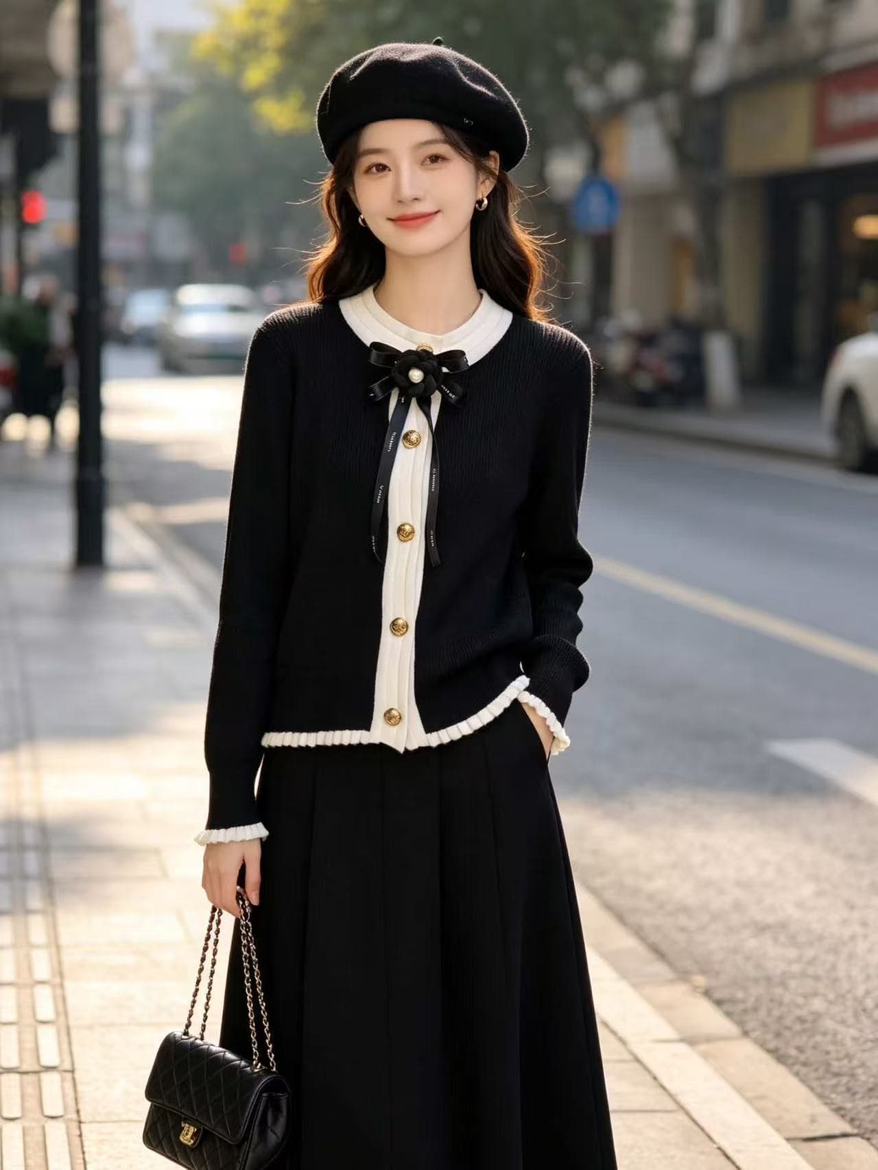 2026 년 가을 새로운 베이지 색 라운드 넥 긴팔 몸매 가꾸기 나비 매듭 작은 샤넬 스타일 여성 절묘한 니트 오픈 가디건 이미지 4