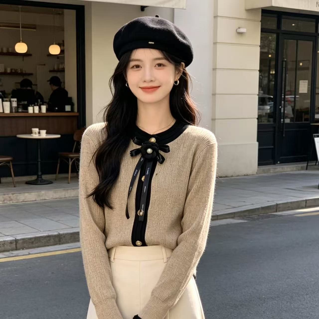 2026 년 가을 새로운 베이지 색 라운드 넥 긴팔 몸매 가꾸기 나비 매듭 작은 샤넬 스타일 여성 절묘한 니트 오픈 가디건 이미지 5