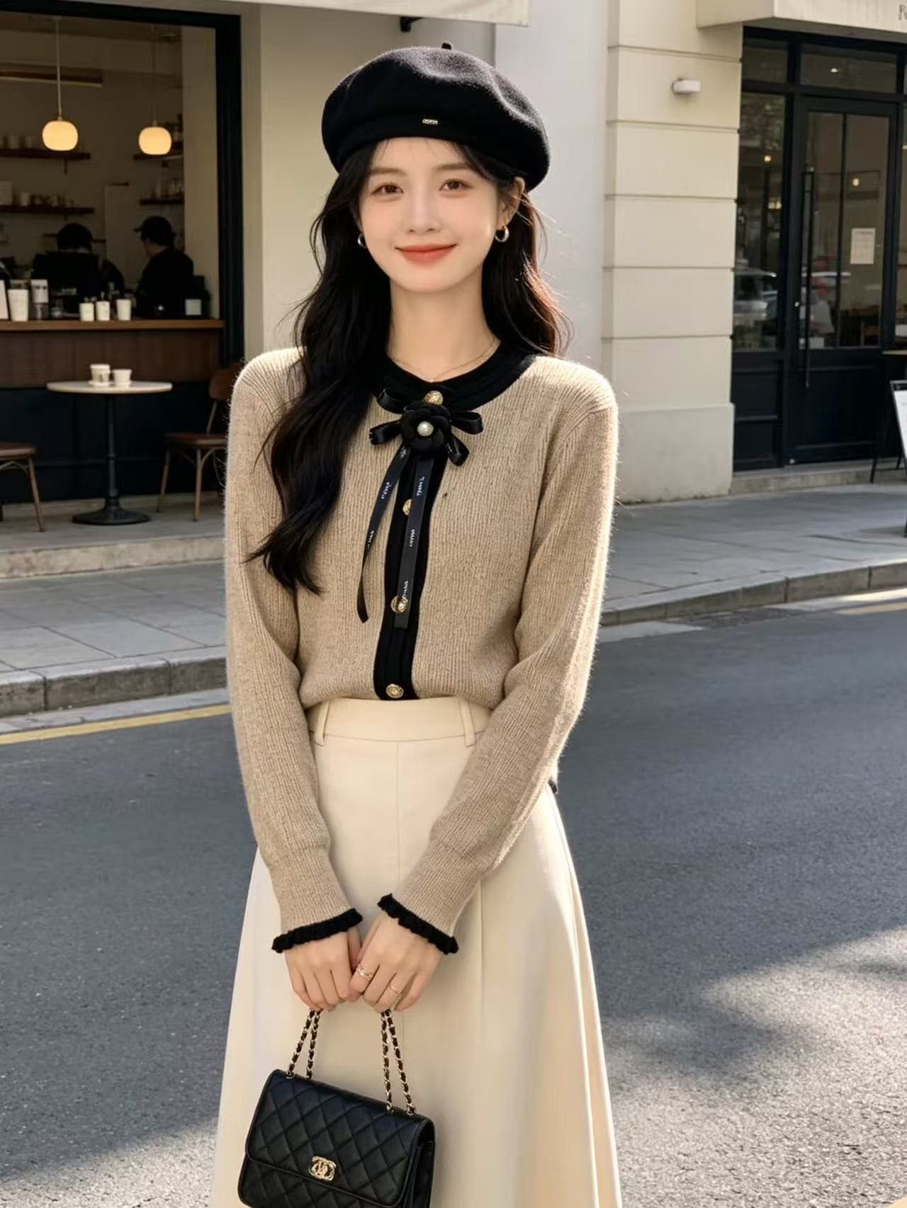 2026 년 가을 새로운 베이지 색 라운드 넥 긴팔 몸매 가꾸기 나비 매듭 작은 샤넬 스타일 여성 절묘한 니트 오픈 가디건 상세 이미지 3