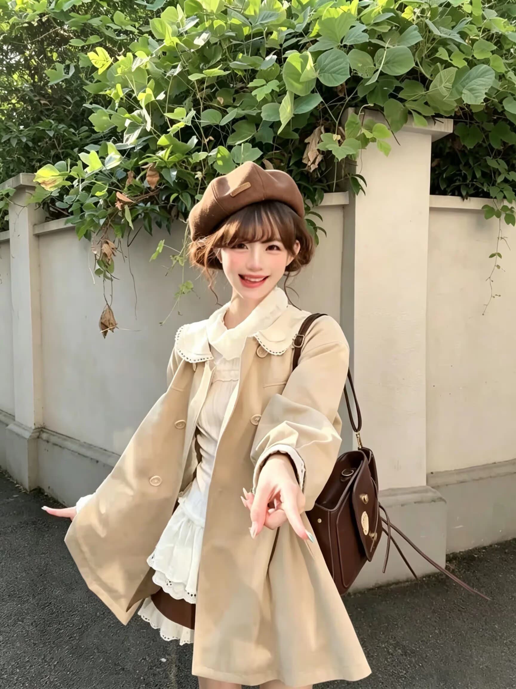 가을의 날 우유 살구 한 부서 소녀 이중층 자수 레이스 베이비 칼라 나비 매듭 한 마디 가을 바람막이 루즈핏 재킷 이미지 4