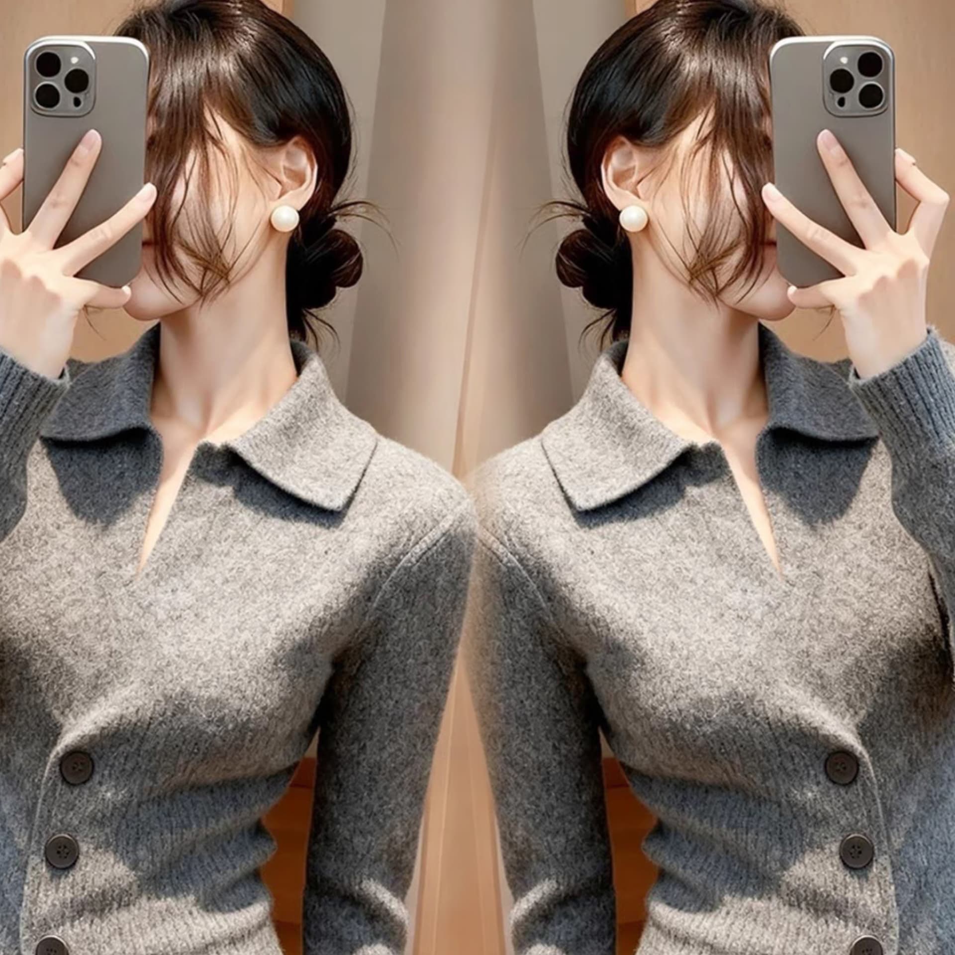 패션 느슨함 센스 폴로 칼라 회색 스웨터 여자 가을 새로운 몸매 가꾸기 슬림해 보이는 이미지 4