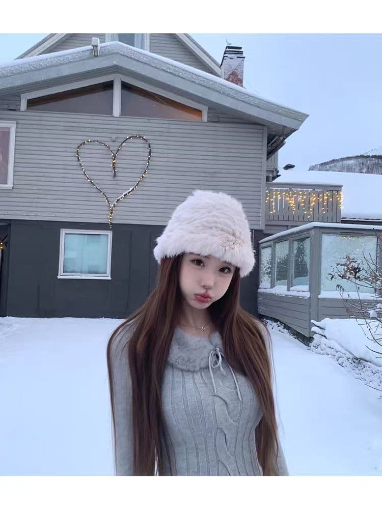 jmshop 핀란드 동화 u 칼라 꽈배기 긴팔 맨위 여성 디자인 센스 가을 겨울 스웨터 렉스 토끼 털 모피 칼라 이미지 2