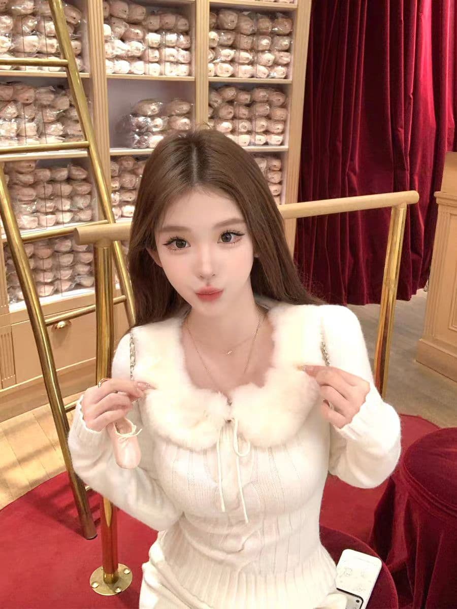 jmshop 핀란드 동화 u 칼라 꽈배기 긴팔 맨위 여성 디자인 센스 가을 겨울 스웨터 렉스 토끼 털 모피 칼라 이미지 4