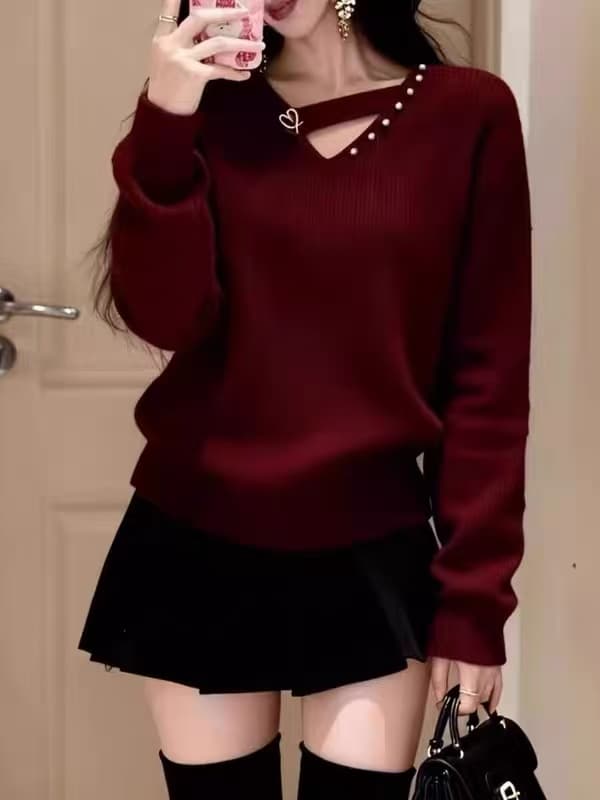 띠띠해 신년 빨간색 V넥 홀로우 아웃 풀오버 스웨터 여자 가을 빅 사이즈 지방 mm 슬림해 보이는 품격 인사이드 잡아라. 의류 이미지 3