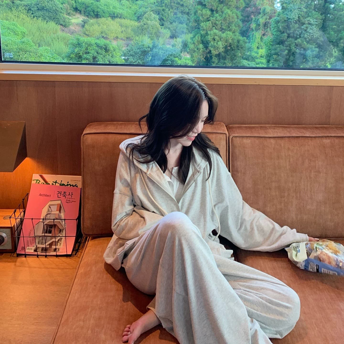 chooouan_ 언론 머리 암웨이 부드러운 찹쌀 느낌 후드 티 스웨터 재킷 캐주얼 웨이 바지 투피스 세트 가을 세트 이미지 5