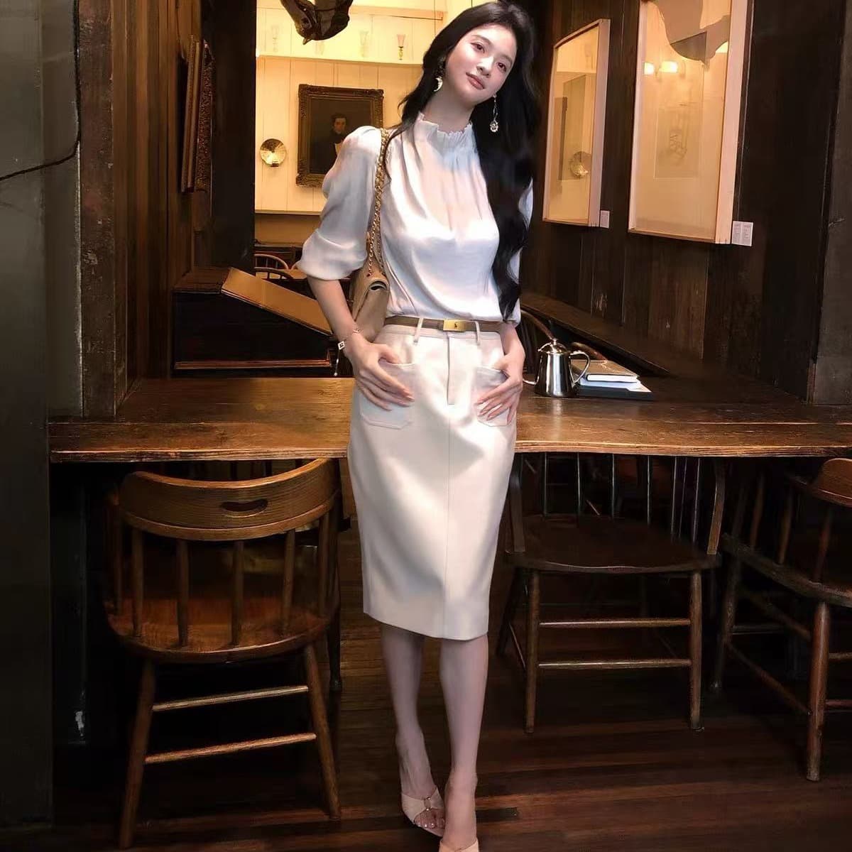 9.2 10 00am 켜기 새로운 만 상황 수공 Pleat 새틴 셔츠 반 스커트 세트 이미지 5