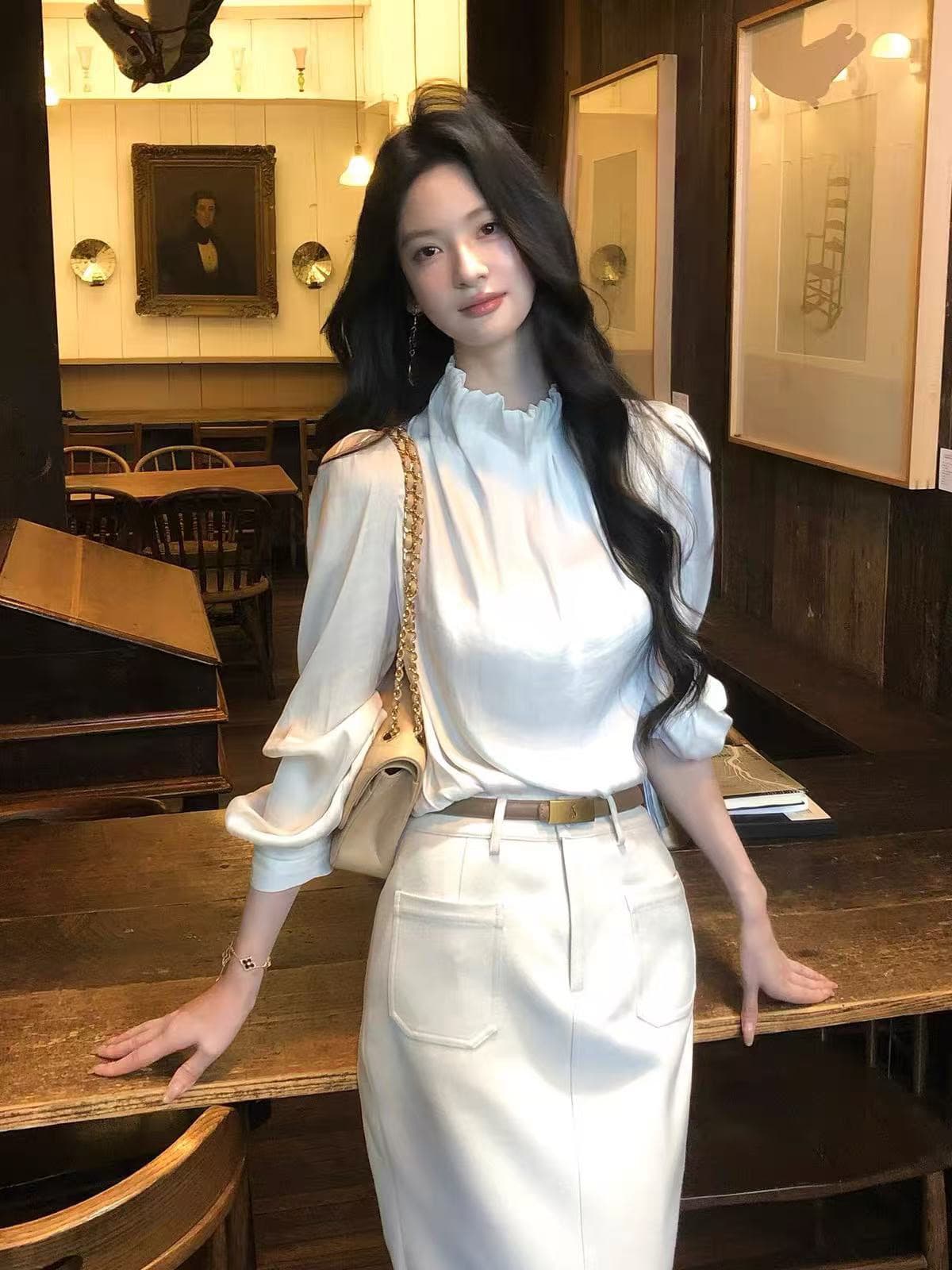 9.2 10 00am 켜기 새로운 만 상황 수공 Pleat 새틴 셔츠 반 스커트 세트 상세 이미지 3