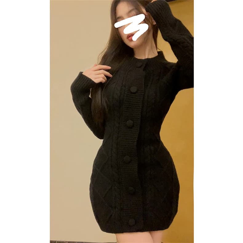 한국 품격 명문 여성 부드러운 숙녀 홍콩 스타일 작은 샤넬 스타일 꽈배기 스웨터 싱글 줄 버튼 드레스 복장 작은 키 상세 이미지 3