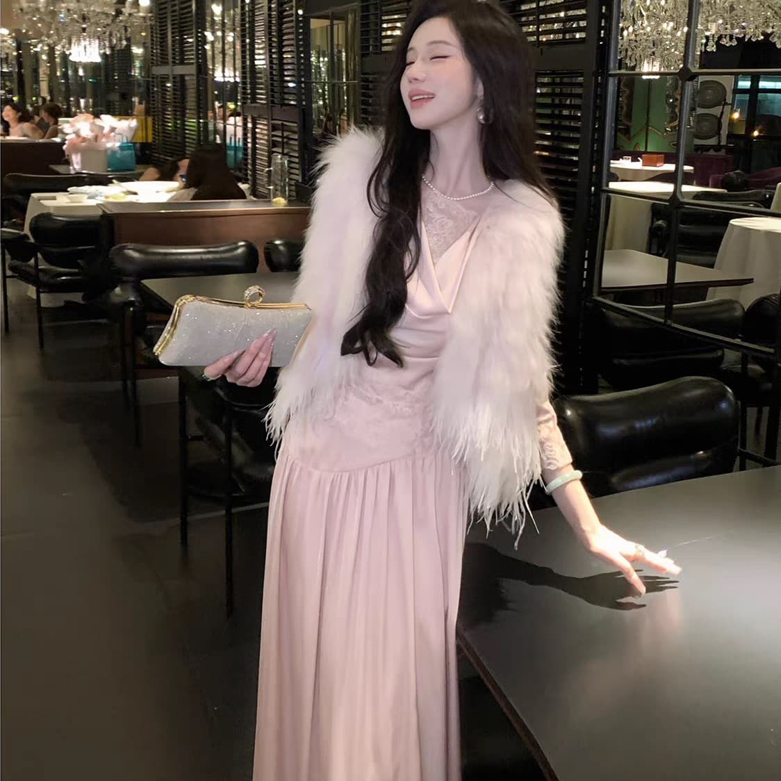 syqiao 우아한 조 기억 향기로운 분위기 흔들다 칼라 레이스 맨위 핀치 Pleat 반신 치마 세트 이미지 5