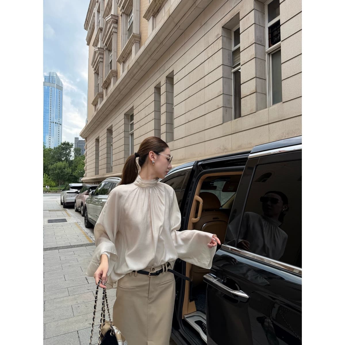 gakee official 9 9 번호 00 00 제한된 시간 두 조각 76 접기 아세트산 새틴 플리츠 셔츠 상세 이미지 2