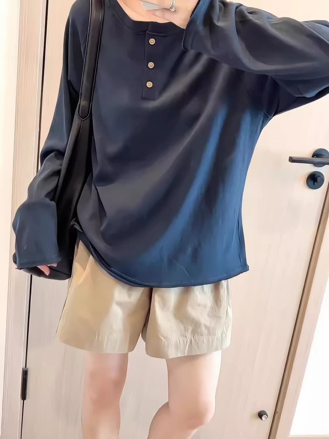 통기성 마 센스 대나무 마디 면 미니멀리즘 화이트 긴팔 티셔츠 여성 루즈핏 느긋한 바람 가을 외출용 라운드 넥 단추 맨위 이미지 4