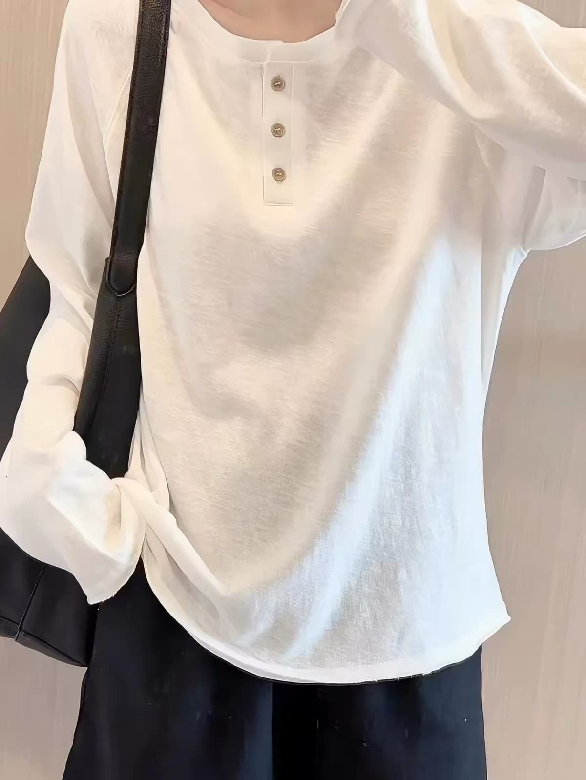 통기성 마 센스 대나무 마디 면 미니멀리즘 화이트 긴팔 티셔츠 여성 루즈핏 느긋한 바람 가을 외출용 라운드 넥 단추 맨위 상세 이미지 1