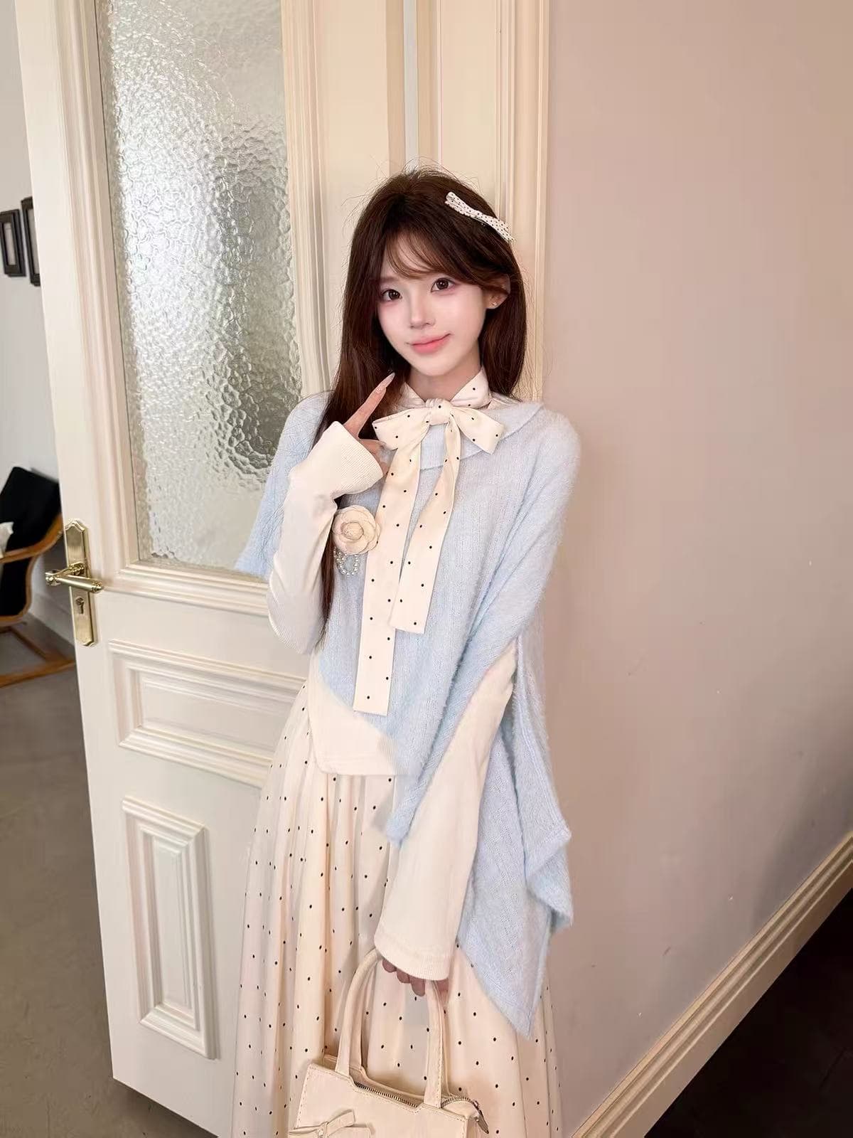 캄파넬라 세과 house 남쪽 법 휴일 파란색 숄 니트 터틀넥 기본 셔츠 도트 무늬 롱 코트 반신 스커트 3종 세트 상세 이미지 1