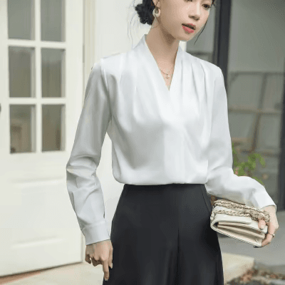 프랑스식 파란색 V넥 여성 셔츠 봄 새로운 고급 센스 출퇴근 경력 셔츠 스택 착용 인사이드 가져 가라. 긴팔 맨위 상세 이미지 1