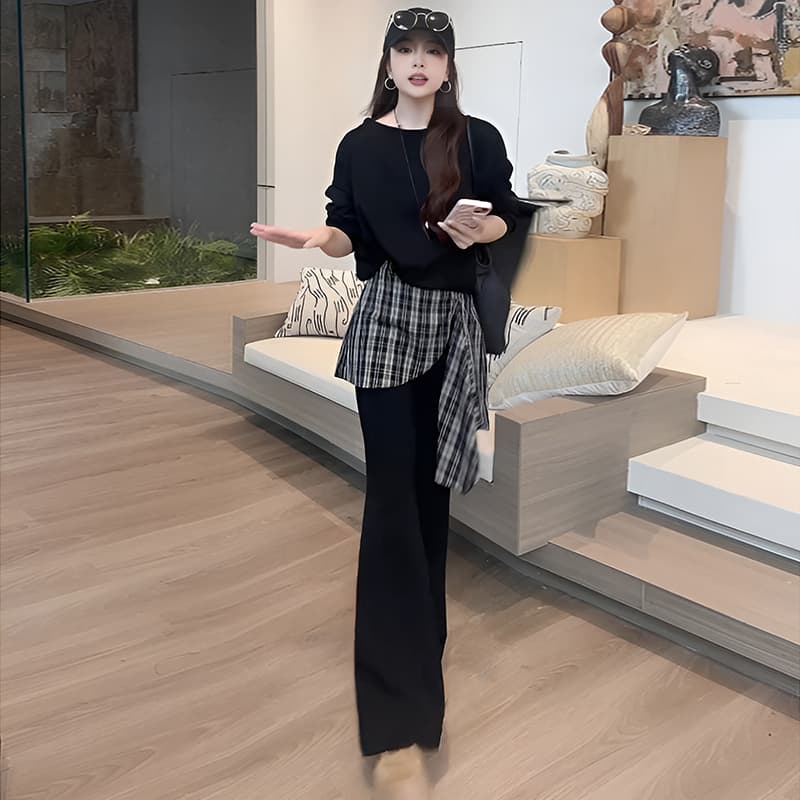 2025 가을 새로운 유럽 상품 여성 의류 루즈핏 패션 캐주얼 다용도 단색 라운드 넥 긴팔 세트 여성 이미지 2