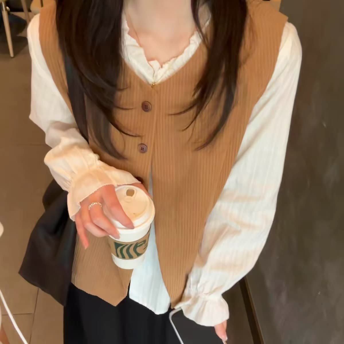 캐러멜 색상 레트로 코듀로이 어깨 베스트 스택 착용 레이스 셔츠 투피스 세트 ins 가을 분위기 센스 착용 가져 가라. 상세 이미지 1