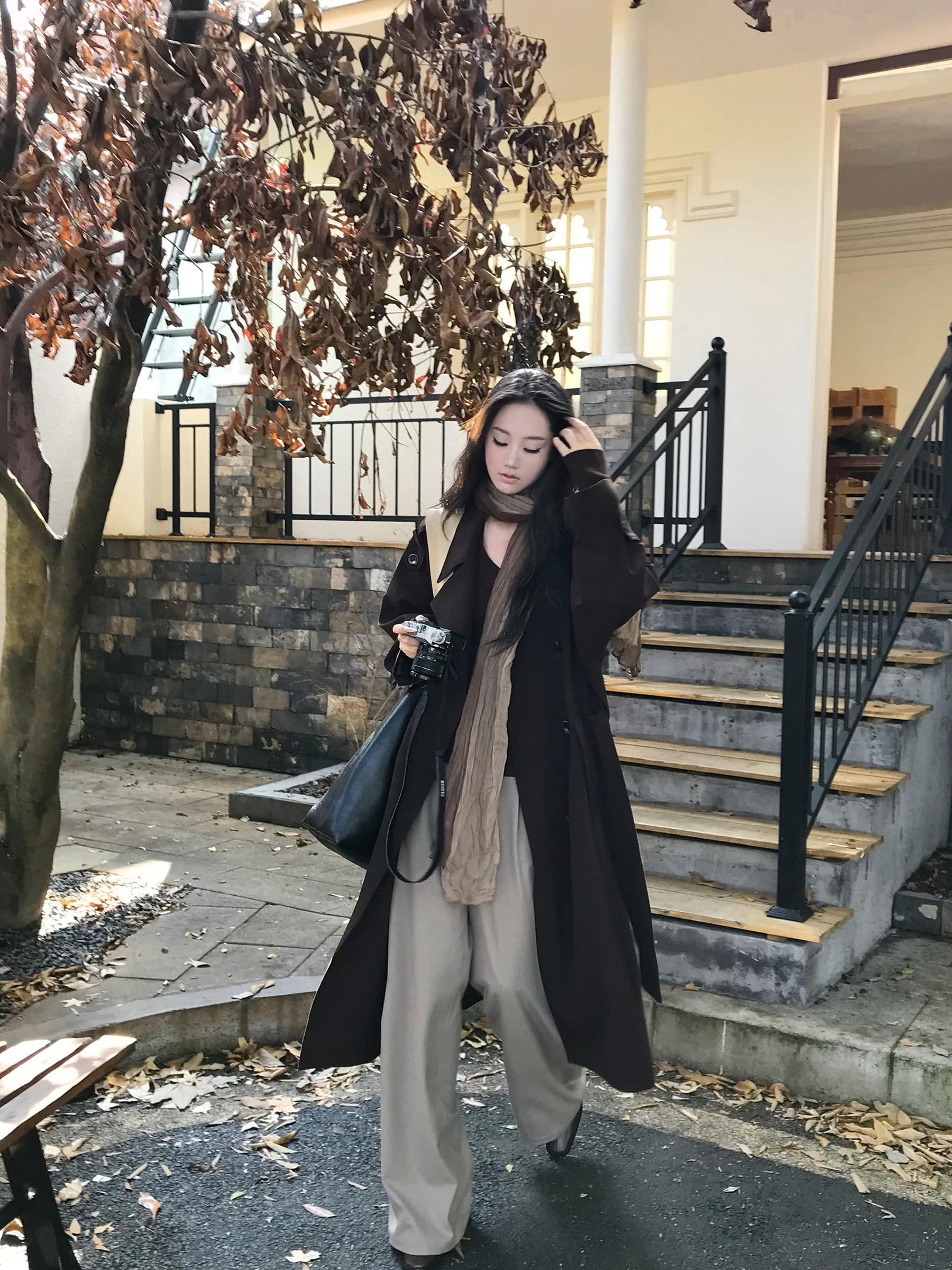 5werkwen 홀 바람막이 이중 버튼 코트 여성 봄 여름 중간 길이 품격 폴로 칼라 레이스업 봄 가을 재킷 상세 이미지 1