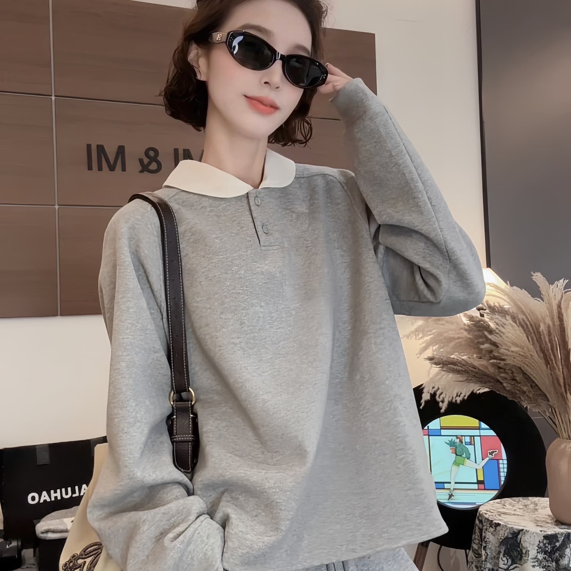 이른 가을 미니멀리즘 루즈핏 다용도 배색 베이비 칼라 캐주얼 후드티 이미지 5
