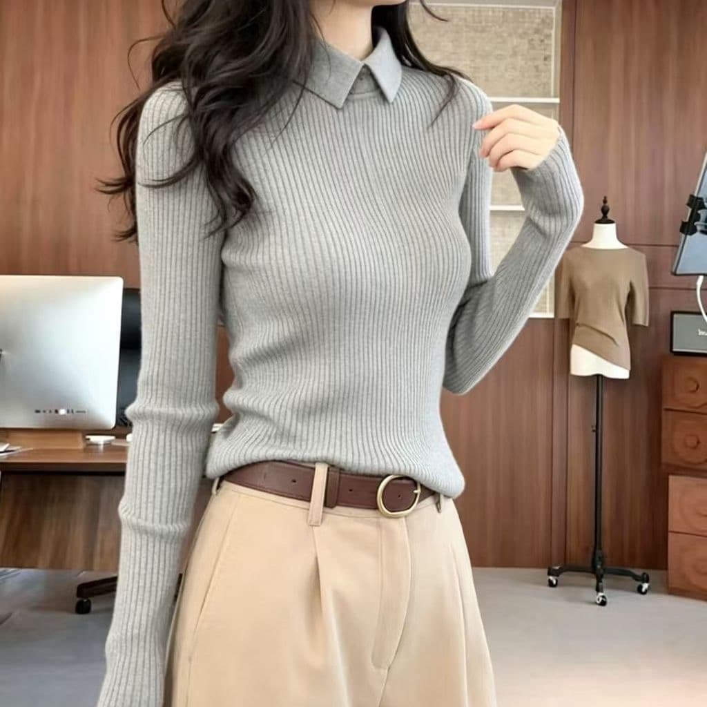 작은 대중 2026 년 가을 겨울 새로운 폴로 칼라 몸매 가꾸기 슬림해 보이는 스웨터 만나는 니트 긴 소매 맨위 니트 스웨터 이미지 2