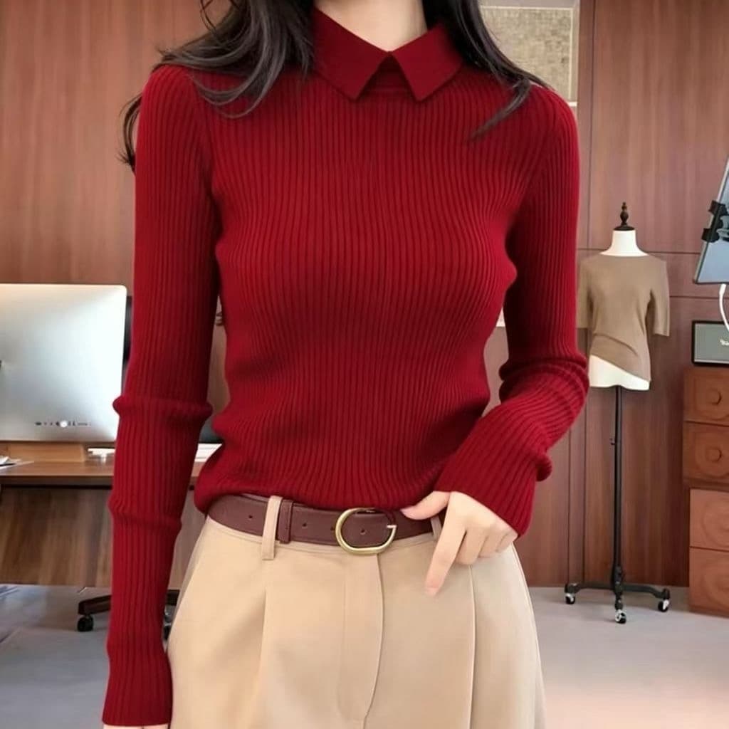 작은 대중 2026 년 가을 겨울 새로운 폴로 칼라 몸매 가꾸기 슬림해 보이는 스웨터 만나는 니트 긴 소매 맨위 니트 스웨터 이미지 3
