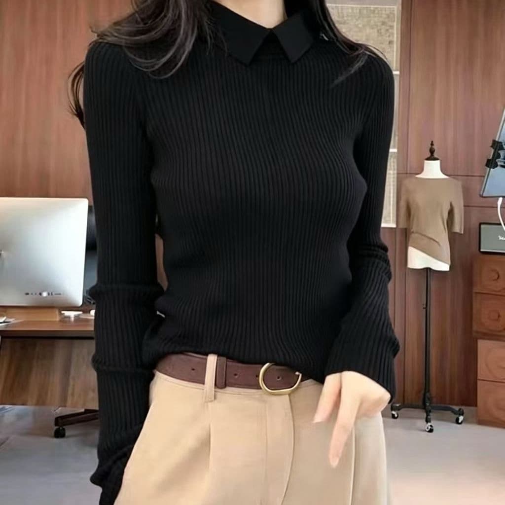 작은 대중 2026 년 가을 겨울 새로운 폴로 칼라 몸매 가꾸기 슬림해 보이는 스웨터 만나는 니트 긴 소매 맨위 니트 스웨터 이미지 4