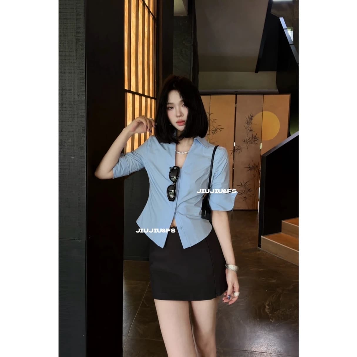 셔츠 길다 플러시 면 맞춤 니스 어두운 문 襟 중간 소매 V넥 허리 수축 셔츠 이미지 3