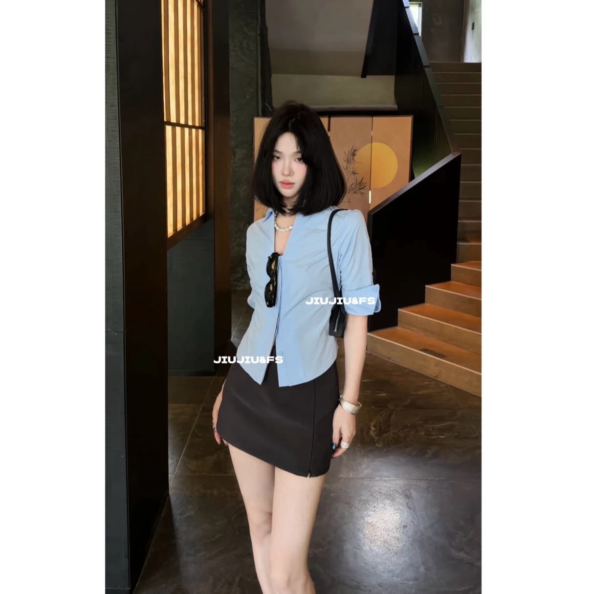 셔츠 길다 플러시 면 맞춤 니스 어두운 문 襟 중간 소매 V넥 허리 수축 셔츠 이미지 4