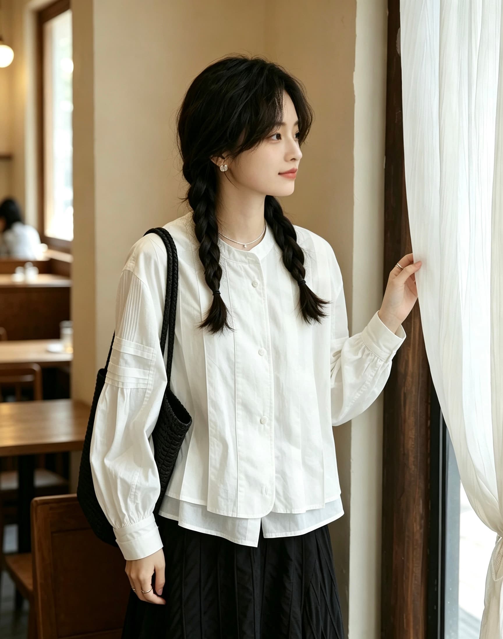 부드러운 빛 남자 실 26ss 이른 봄 신제품 100 개 면 100% 프랑스식 거품 소매 흰 셔츠 상세 이미지 2