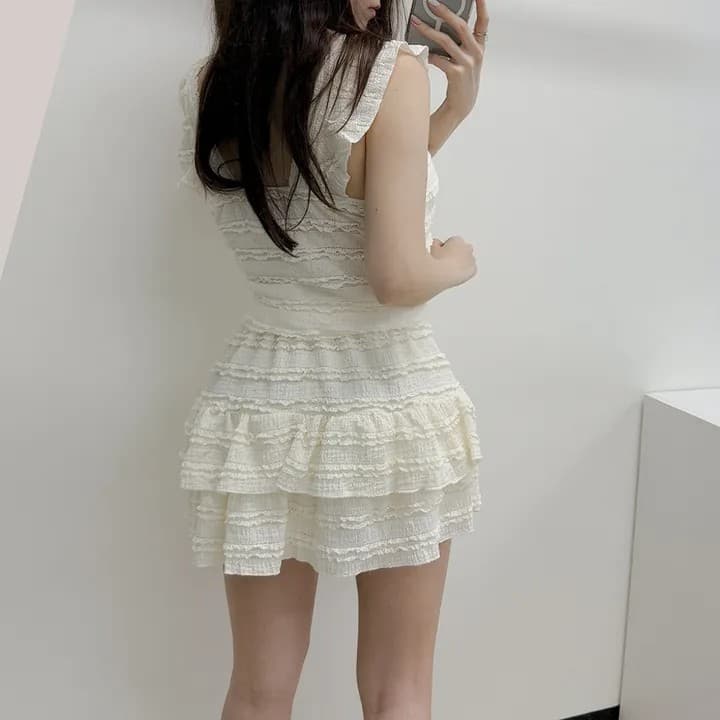 있음 선적 한국 chic 프릴 디자인 센스 세트 프랑스식 달콤함 연령 감소 조끼 하이웨이스트 퍼프 케이크 드레스 상세 이미지 32