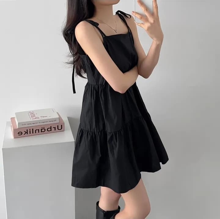 있음 선적 한국 chic 여름 미니멀리즘 캐주얼 레이스업 슬립 드레스 프랑스식 달콤함 작은 키 드레스 상세 이미지 6