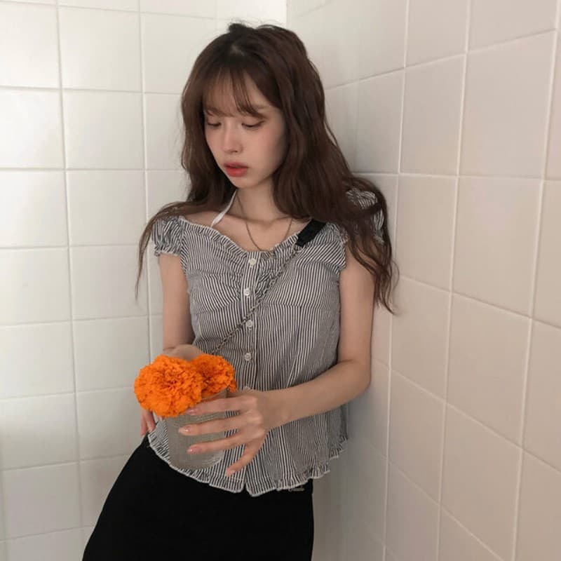 있음 선적 한국 chic 여름 달콤함 스트라이프 반팔 프릴 주름 셔츠 몸매 가꾸기 슬림해 보이는 맨위 상세 이미지 18