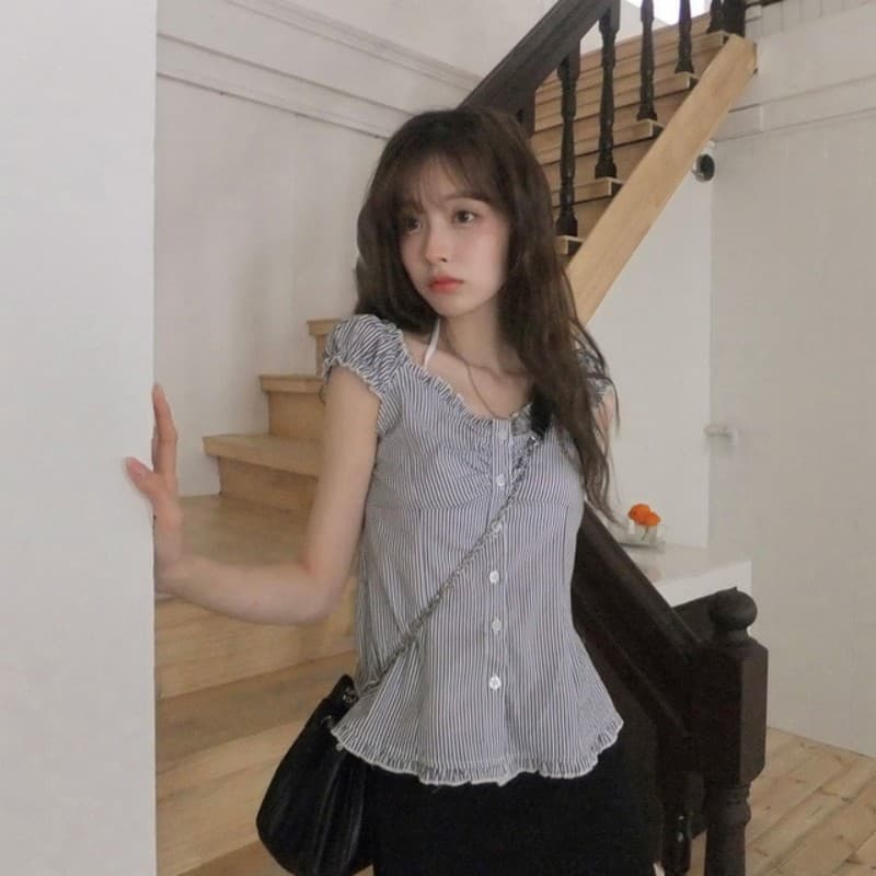 있음 선적 한국 chic 여름 달콤함 스트라이프 반팔 프릴 주름 셔츠 몸매 가꾸기 슬림해 보이는 맨위 상세 이미지 21