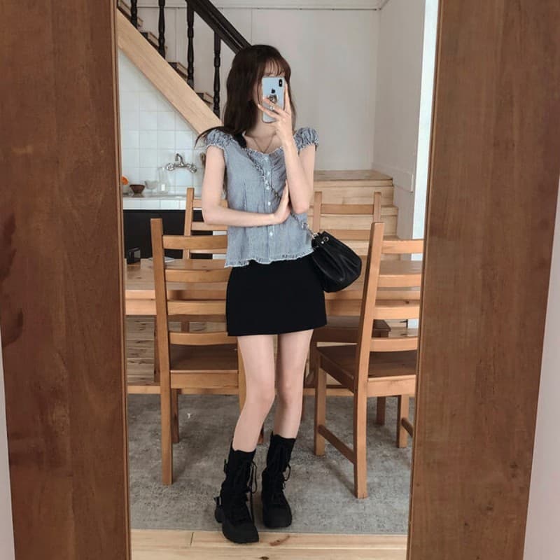 있음 선적 한국 chic 여름 달콤함 스트라이프 반팔 프릴 주름 셔츠 몸매 가꾸기 슬림해 보이는 맨위 상세 이미지 40