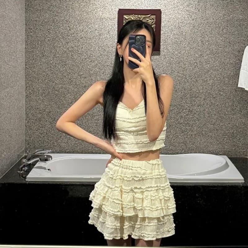 있음 선적 한국 chic 퍼프 레이스 패치워크 허리밴드 한 마디 반신 스커트 레이스 캐미솔 세트 상세 이미지 18