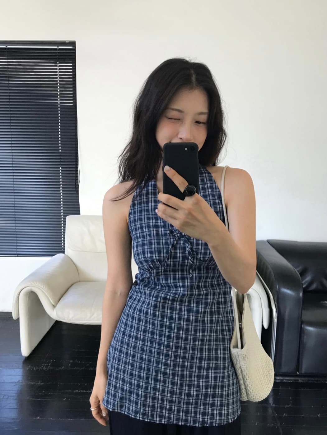 있음 선적 한국 chic 행침 목 나비 매듭 배색 체크무늬 작은 키 드레스 연령 감소 허리 수축 한 마디 미니 스커트 상세 이미지 1