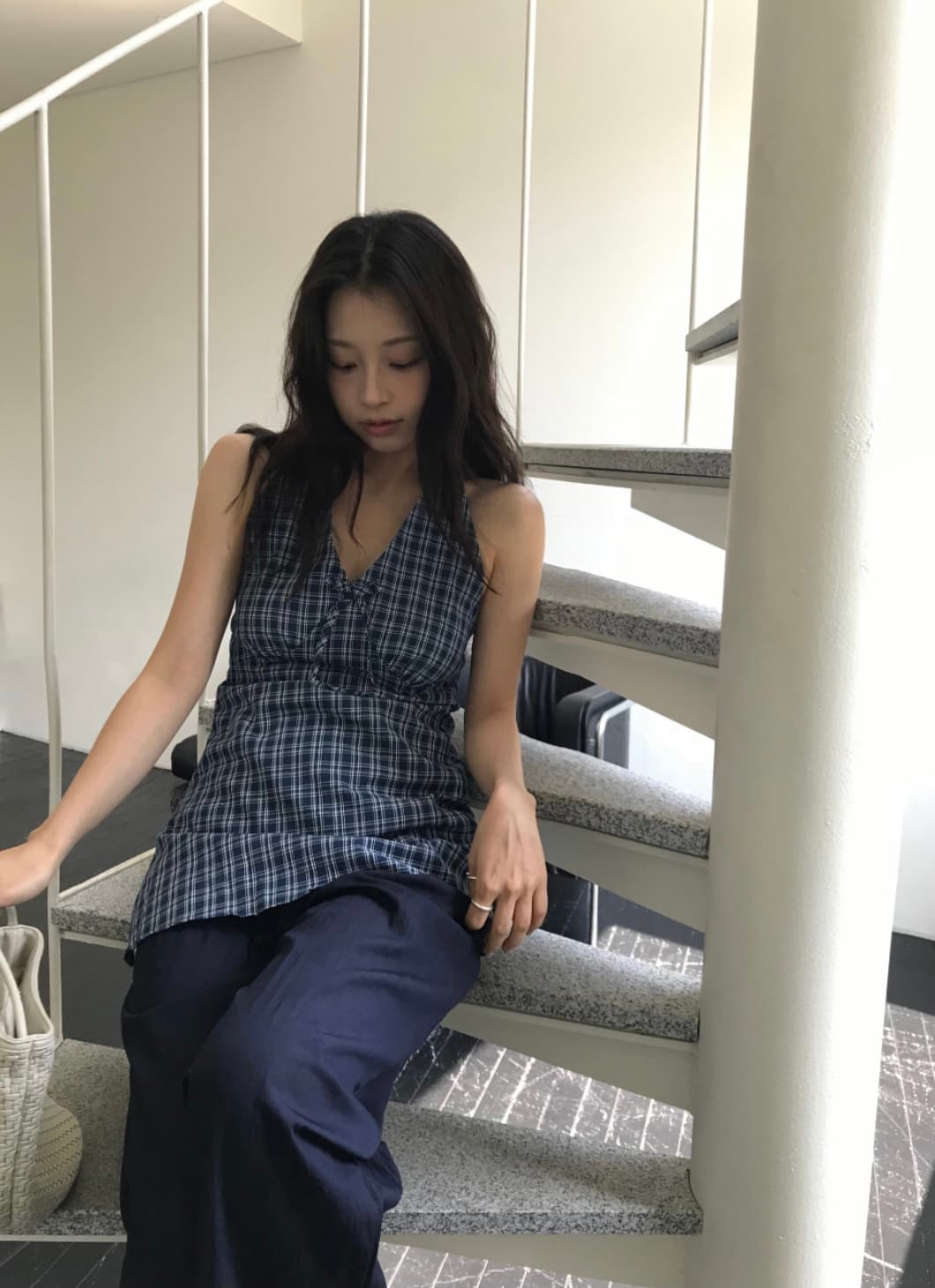 있음 선적 한국 chic 행침 목 나비 매듭 배색 체크무늬 작은 키 드레스 연령 감소 허리 수축 한 마디 미니 스커트 상세 이미지 5